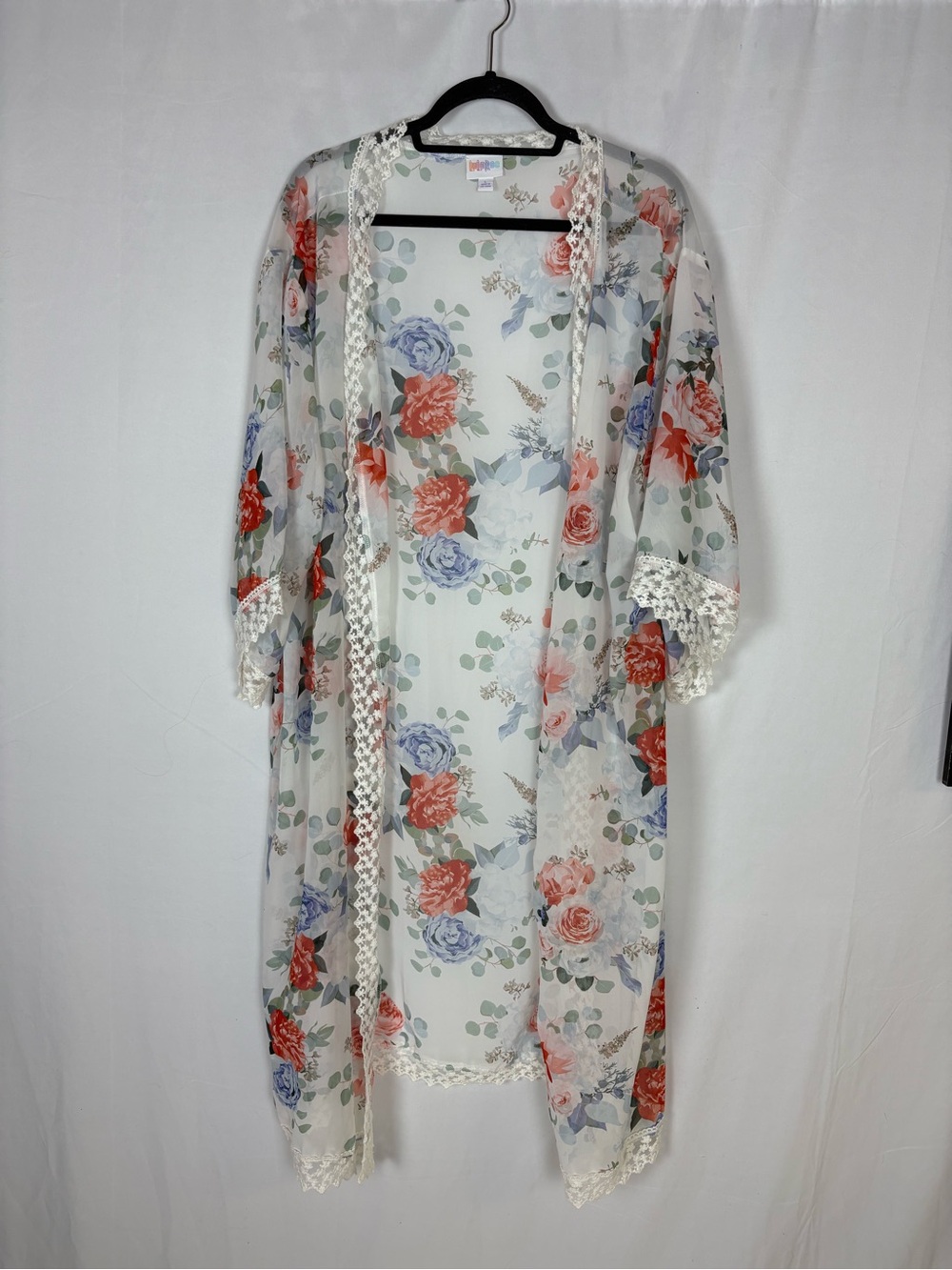 LuLaRoe Sheer Floral Swim Coverup in Coral, Blue, Green on White